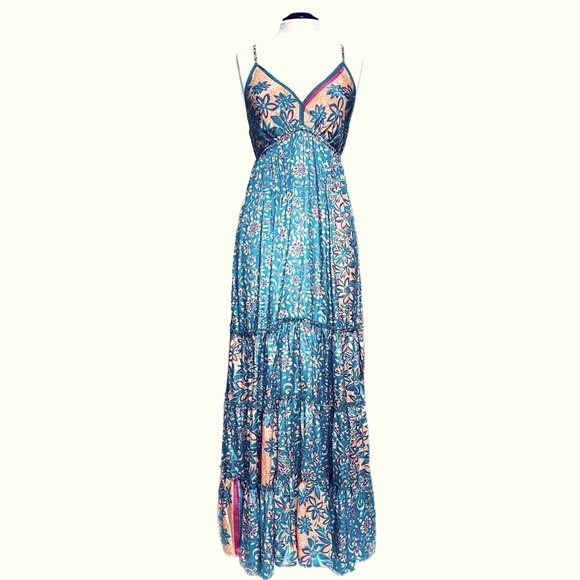RAGA Maxi Tiered Floral Dress SZ M Somewhere in Paradise Turquoise Boho Festival - Picture 10 of 15